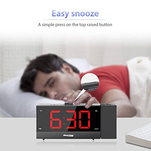 Reacher Projection Alarm Clock Radio with 5.5" Full Range Dimmer Digital LED Display Sleep Timer Radio Dual Alarms Snooze Timer Outlet Powered Dual USB Charger Ports for Bedrooms Bedside iPhone Phone