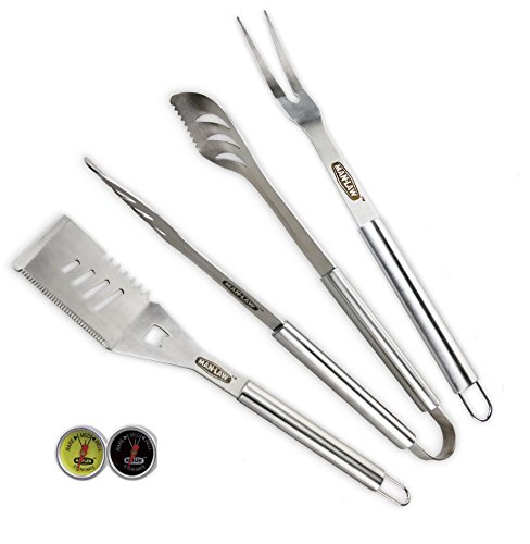 Man Law BBQ Products SH1 Series 3 Piece Tool Set with 2 Bonus Steak Therms, One Size, Stainless Steel