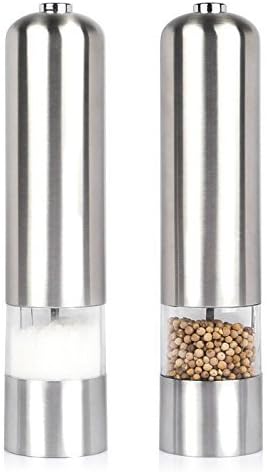 DualKitchenWare Electric Salt & Pepper Grinders, 2 Pack, Stainless Steel Mill with Fully-Adjustable Fine-to-Coarse One-Touch Tuning Knob Ceramic Grinding Mechanism – Cordless, Battery-Powered! Best for Home & Hotels