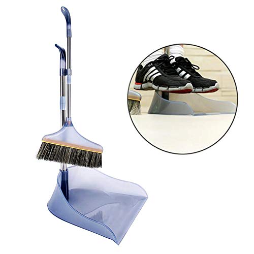 Upright Broom Dustpan Set, Lightweight Premium Comfortable Grip Duster Double Bristle Sweeper Broom Set Standing Up Lobby Broom and Dust Brush Combo for Sweeping Hard Floor Surfaces (Grey)