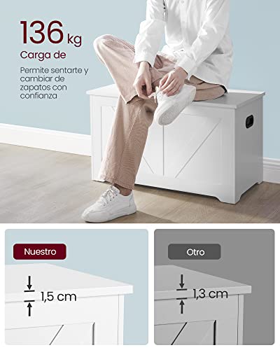 VASAGLE Storage Pouffe, Storage Bench with 2 Safety Hinges, Storage Chest, Shoe Bench, Country Style, 40 x 80 x 46 cm, for Hallway Bedroom Living Room, Cloud White LSB062T14