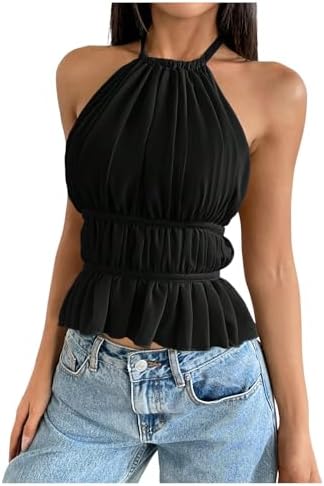 SOLY HUX Women's Ruffle Halter Neck Camisole Sleeveless Open Back