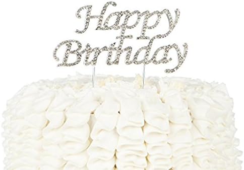 LAttLiv Happy Birthday Crystal Rhinestone Cake Topper, Silver