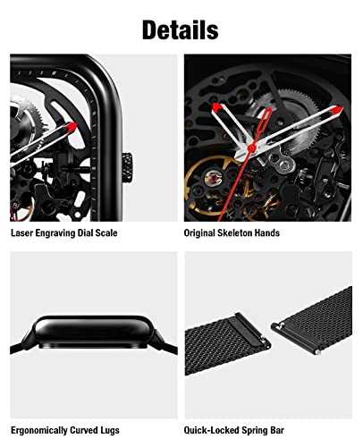 CIGA Design Automatic Mechanical Watch, Luxury Skeleton Square Business Dress Watch, Stainless Steel/Titanium Case with Silicone Strap, Gift for Men and Women