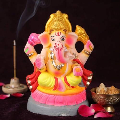 SATVIK 6-7 Inch - Colored Eco Friendly Ganesha Idol Clay Ganpati Murti Pagdi Style Decorative Statue for Home Temple Pooja Festival Decor Handcrafted Mud Idol - Used condition - US$24.66