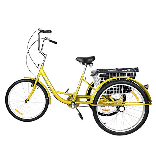 HIRAM Adult Tricycle, 24"/26" Wheels Trike with Low Step-Through Steel Frame, Front and Rear Fenders, Single Speed, Large Cruiser Seat, Water-Proof Bag and Rear Basket