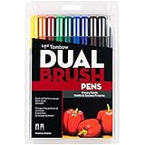 Tombow 56167 Dual Brush Pen Art Markers, Primary, 10-Pack. Blendable, Brush and Fine Tip Markers