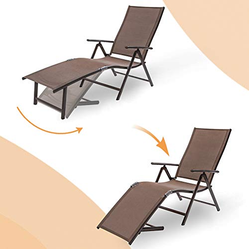 Crestlive Products Folding Patio Chaise Lounge Chair for Outside Aluminum Adjustable Outdoor Pool Recliner Chair, Brown Frame, 8 Positions (2PCS Brown Lounge Chair with 1PC Table)