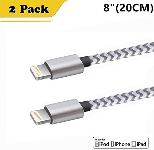 Linwood 8"/20CM Nylon Braided Cord Lightning Cable with Tiny Alloy Interface Apple Charge Cable for X/ 8/ 7/ 7 Plus/ 6S/ 6S Plus/ 6 Plus/ 6/ 5/ SE, iPad iPod Nano iPod Touch (2Pack Gray)