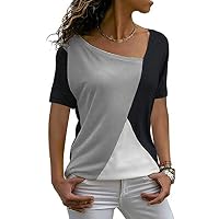 Fenido Women Casual Contrast Color Short Sleeve Patchwork T-Shirt Knits & Tees Grey