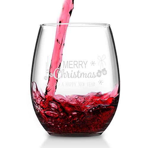 Merry Christmas and Happy New Year Stemless Wine Glass Set, 15 Oz Funny Stemless Wine Glasses for Women Friends Men, Gift Idea for Christmas Wedding Party, Set of 2