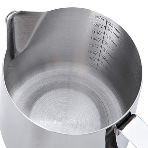 Milk Frothing Pitcher Jug - 20oz/600ML Measurements Steaming Pitchers, Stainless Steel Coffee Tools Cup, Espresso, Latte Art and Frothing Milk, Attached Latt Art Pen