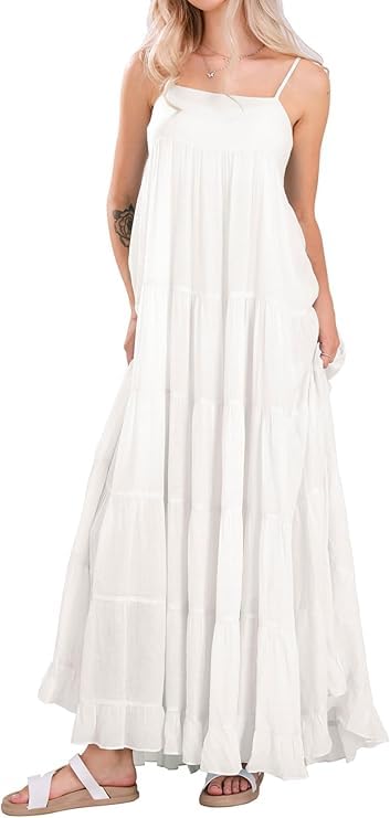 Photo 1 of utcoco Women's Spaghetti Straps Maxi Dresses Back Smocked Sleeveless Tiered Swing Flowy Boho Long Sundress (Medium, White)