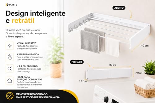 Varal Retrátil De Parede Magico Secreto Recolhível Resistente Em Alumínio Reforçado Para Lavanderia Apartamento e Economiza Espaço Invisivel Dobrável 80cm Com 5 Varetas X-MATTE (BRANCO)