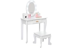Wpond Kids Vanity Set with Mirror and Drawer - Pretend Play Dress-Up Fun, Lights & Wooden Makeup Playset for Girls 4-9 Yrs, Pink