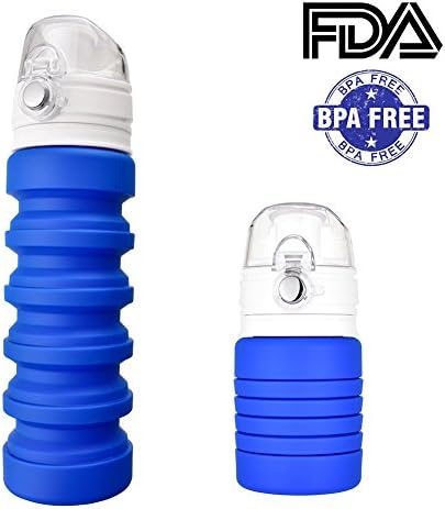 HUANXU Collapsible Water Bottle BPA Free Silicone Foldable Portable Bottles Outdoor Sports Gym Fitness Leak Proof (Blue)