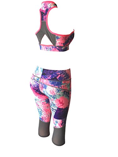 Women Gym Yoga Workout Padded Sports Bra Top + Cropped Leggings Activewear Set (M/L, Coral Mix) - Thumbnail 5