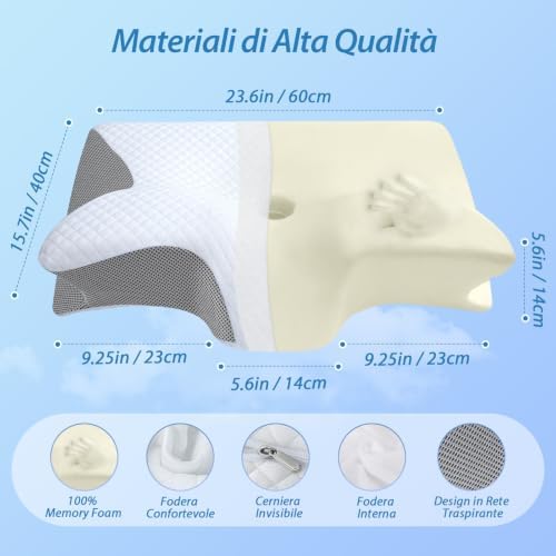Cuscino Cervicale 2 in 1 Memory Foam per Dormire,Grigio,60x40x12/14cm