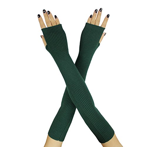 Farlenoyar Women Knit Cashmere Soft Winter Warm Gloves Arm Warmer Long Fingerless Gloves (Dark Green)
