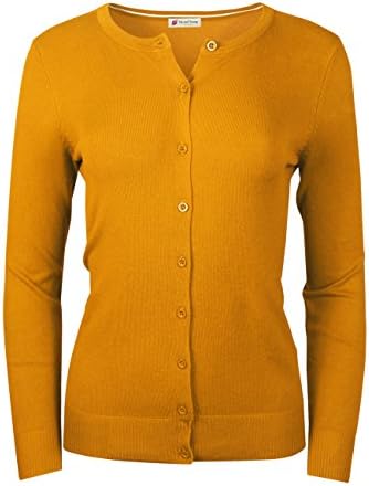 Me and Young Women's Round Neck Long Sleeve Button Front Cardigan Sweater MUSTARD 1XL