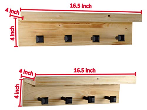 Spiretro Set of 2 Wall Mounted Torched Wood Floating Shelves & Ledge, Coat Hat Rack with Black Metal Pegs Hook to Organizer, Storage, Decorative for Entryway, Hallway, Bedroom, Natural Beige - Thumbnail 4