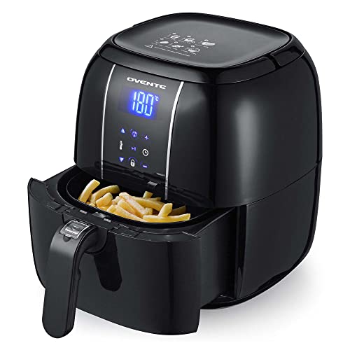 OVENTE Compact Air Fryer, 3.2 Quart Electric Hot Cooker with 1400W Power, Digital LED Touch Screen, Auto Shutoff, Dishwasher Safe Non-Stick Basket, Perfect for Healthy & Oilless Food, Black FAD61302B