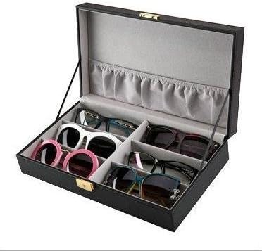 Moldiy Eyeglasses Sunglasses Storage Case, Black Leather Organizer, 6 Slots