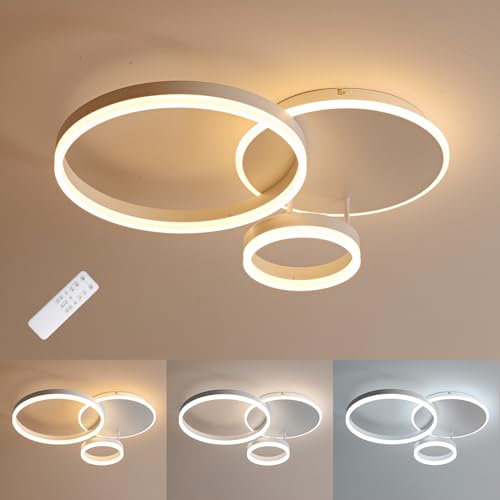MOUNM Bedroom Chandelier, LED Ceiling Light Dimmable 3000K-6000K Aluminium, 54W 5400lm, for Bedroom, Living Room, Living Room, with Remote Control, Three Circles