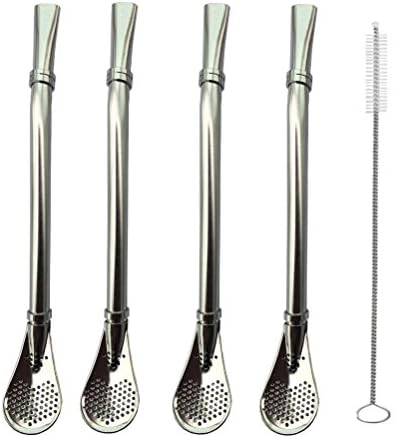 MUZUO Set of 4 Pcs Stainless Steel Yerba Mate Tea Bombilla Straws ~ Filtered Spoons Drinking Straw with 1 PCS Cleaning Brush, 15.8cm(6.2")