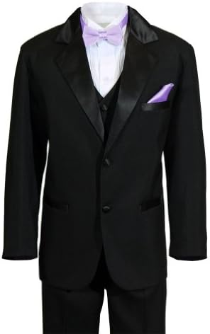 Boys 2 Button Notch Ring Bearer Wedding Tuxedo with Colored Bow Tie and Pocket Square (4, Lavender)