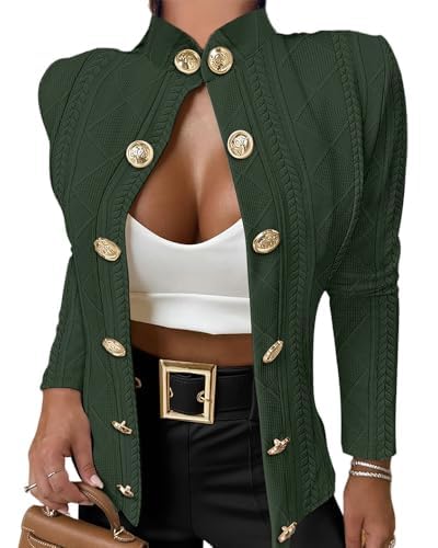 Photo 1 of CHICME Women Argyle Cable Cardigan Casual Lightweight Cropped Coat Stand Collar Long Sleeve Metal Button Front Fall Green Jackets-S