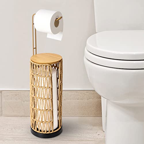 Freestanding Toilet Paper Dispenser Storage with Shelf, Standing Bathroom Toilet Paper Dispenser, Boho Rattan Toilet Paper Storage for 4 Rolls of Toilet Paper