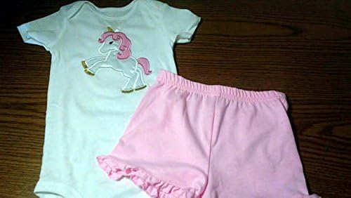 Baby Girl Magical Fairytale Pink White Unicorn Bodysuit and Pink Ruffle Shorts READY To Ship 18 months