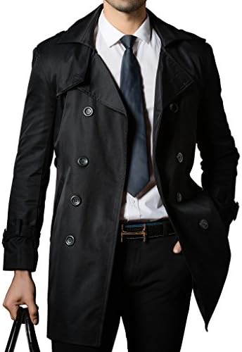 Black Mens Trench Coat Belt Spring Thin Double Breasted Jacket Overcoat Outwear