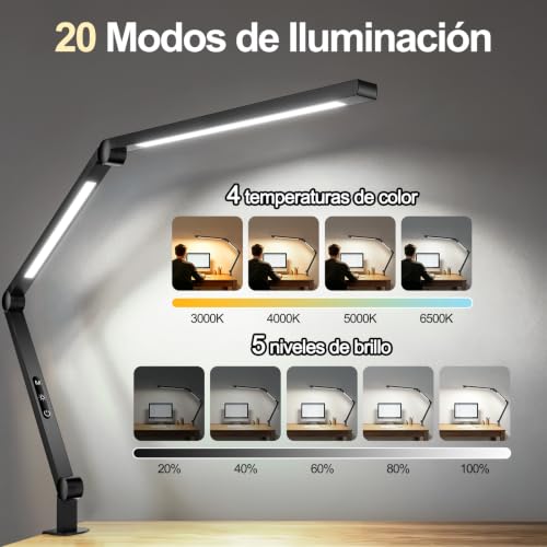 Lampara de Escritorio LED con Pinza, Doble Fuente de Luz 1500LM CRI>95, Lámpara de Mesa con Brazo Ajustable 7 Articulaciones, 4 CCT y 5 Brillos, Luz para Monitor y Home Office
