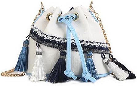 FXTXYMX National wind fringe bucket bag mini Tassel chain bag drawstring shoulder Messenger bag Crossbody handbags for Woman and Teen Girl (white)