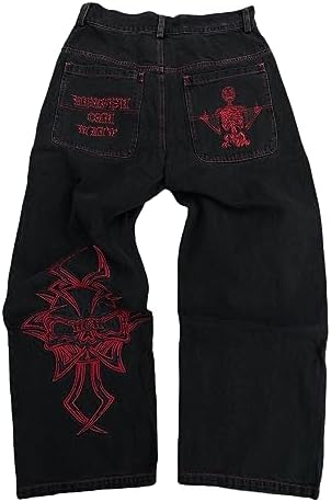 OATSBAS Y2K Beggy Jeans for Women Men Denim Pants Skull Embroidery