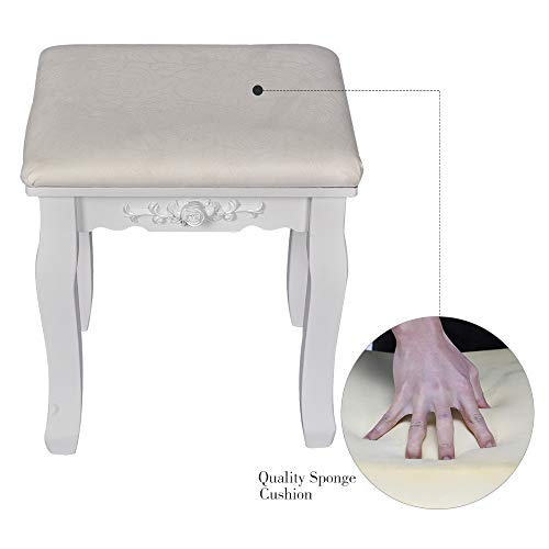 Vanity Table Set Square Mirror with 4 Removable Dividers, Dressing Table Vanity Makeup Table Cushioned Stool & 5 Drawers for Bedroom/Women/Gift (Square Mirror, White)