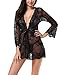 Etopstek Women Robe Lingerie Lace Kimono Sexy Nightgown Transparent Babydoll Mesh Sleepwear Set,Long Sleeve-black,Small