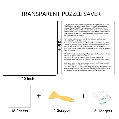 Puzzle Saver Sheets - 18 Peel & Stick, No Stress & No Mess, Clear Sticker Sheets with 6 Adhesive Hangers & 1 Scraper