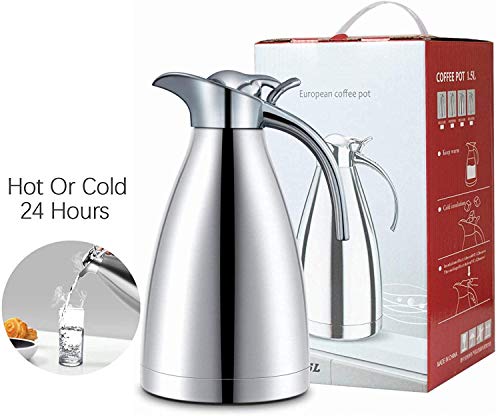Stainless Steel Thermal Coffee Carafe with Press Button 24 Hrs Hot and Cold Coffee Pot Tea Carafe, 1