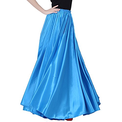 Ladies 90cm Satin Maxi Midi Skirt Long Dress Elastic Waist for Belly Dance Princess Party Cosplay Costume Lake Blue