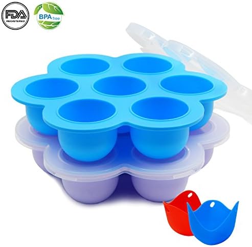 T TOSSOW 2 Pack Silicone Egg Bites Molds for Instant Pot,Silicone Freezer Trays with Lid - BPA Free &amp; FDA Approved - Bundle with 2 Bonus Egg Poacher,Reusable Food Storage Containers