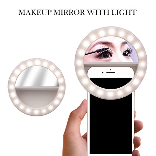 Selfie Ring Light [Rechargeable Battery] Selfie LED Light With Makeup Mirror 40 LED [Warm &White] Lighting for Phone Camera Photography, Live Streaming, Video-White - Thumbnail 2