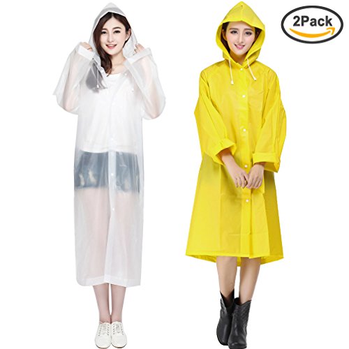 FASOTY Adult Rain Poncho with Hood and Sleeves, 2 Pack, Portable Reusable Drawstring Raincoat Ponchos EVA Material for Outdoor Travel, Camping, Theme Park, Hiking and Some Emergencies