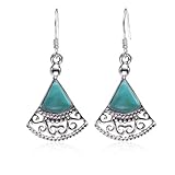 925 Sterling Silver Blue Turquoise Gemstones Filigree Triangle Dangle Earrings - Nickel Free