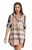 Acloth Plaid Blouses for Leggings Women's Button Down Boyfriend Shirt Blouse Roll-up Sleeve Loose Tops with Pocket Checkered Top Daily Casual Trendy Stylish Grid Print Dressy Shirts Dress Beige L