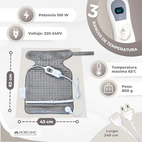 , Almofada elétrica, Costas e pescoço, 62x43, Consumo muito baixo, 100w, Térmica, 3 níveis de aquecimento, Desligamento automático, Lavável, Para as costas, Tapete