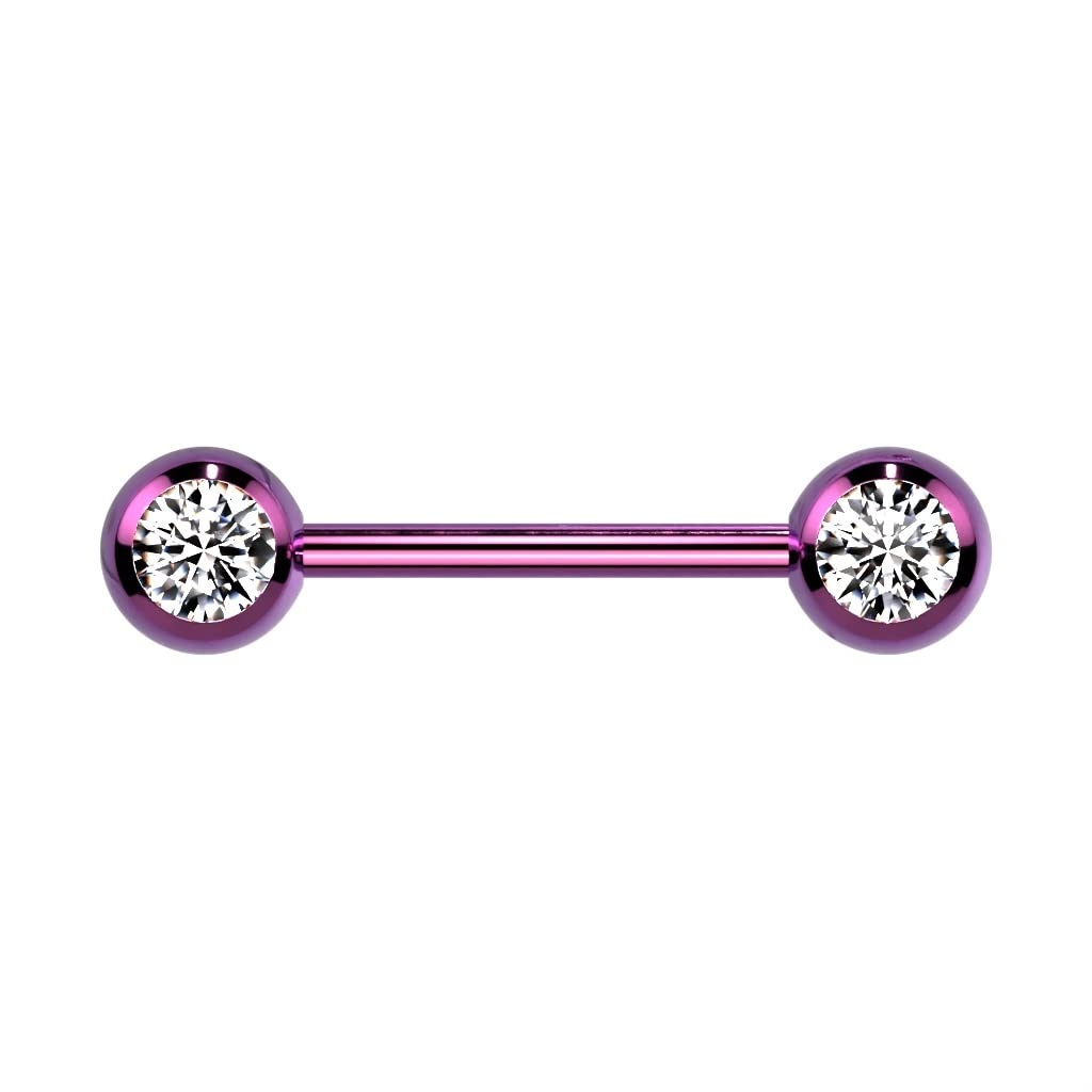 PiercedOff Titanium Purple IP over 316L Surgical Steel Nipple Bar with Forward Facing Clear CZ Gem Balls - Thickness 14GA (1.6mm) / Length 14mm / Ball Sizes 6mm