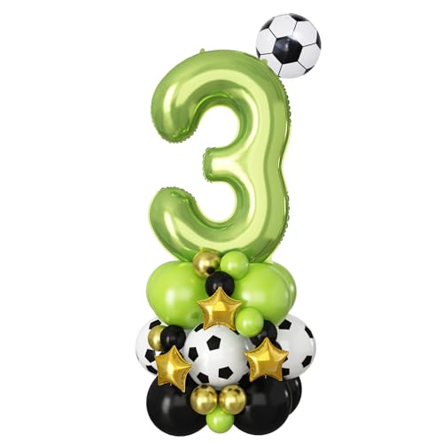 40 Inch Green Number 3 Balloon Soccer Number Three Foil Balloons Tower Set for Boys 3rd Birthday Party Decorations Giant Large Digital Aluminum Balloons Stack for Football Lover World Sports Game